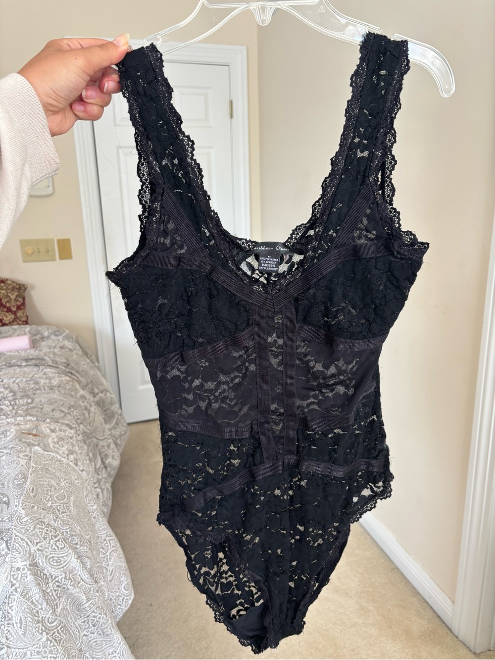 Vintage Y2K Black Lace Bodysuit Sheer Corset Panel Teddy Medium